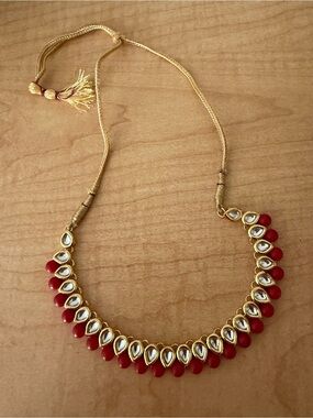Gold-Tone Kundan Necklace with Red Green and clear Teardrop Beads, earrings too